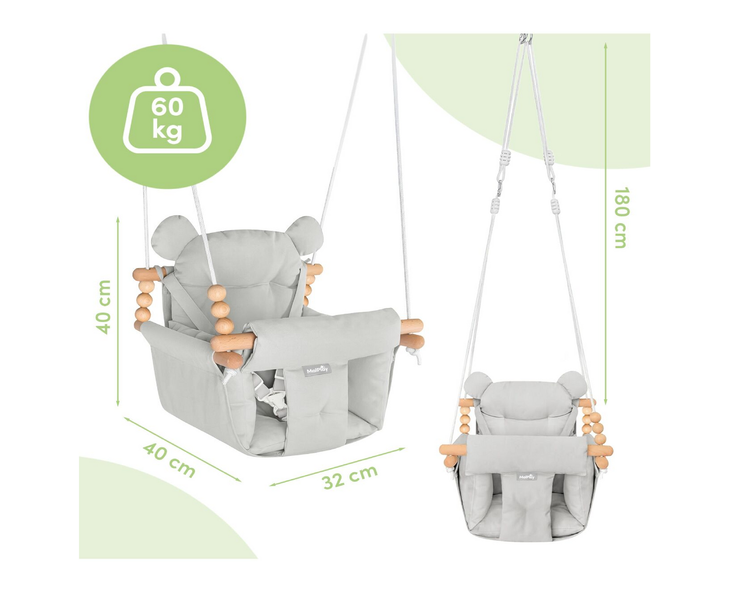 Leagan pentru copii cu pernute, 12-36 luni, capacitate maxima 60 kg, MalPlay 114240