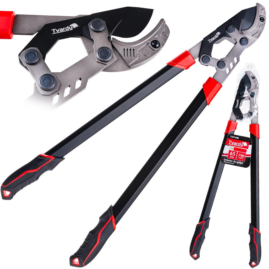 Foarfeca de gradina cu lama tip nicovala cu angrenaj, 790 mm, 65 Mn, PTFE, Tvardy T07418