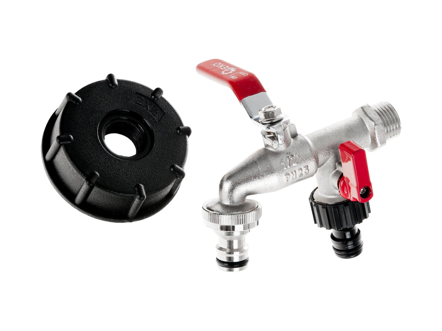 Set adaptor IBC S60 x 6 cu robinet 1 / 2", 2 filete exterioare 3 / 4", 2 racorduri pentru furtun, Geko G70191