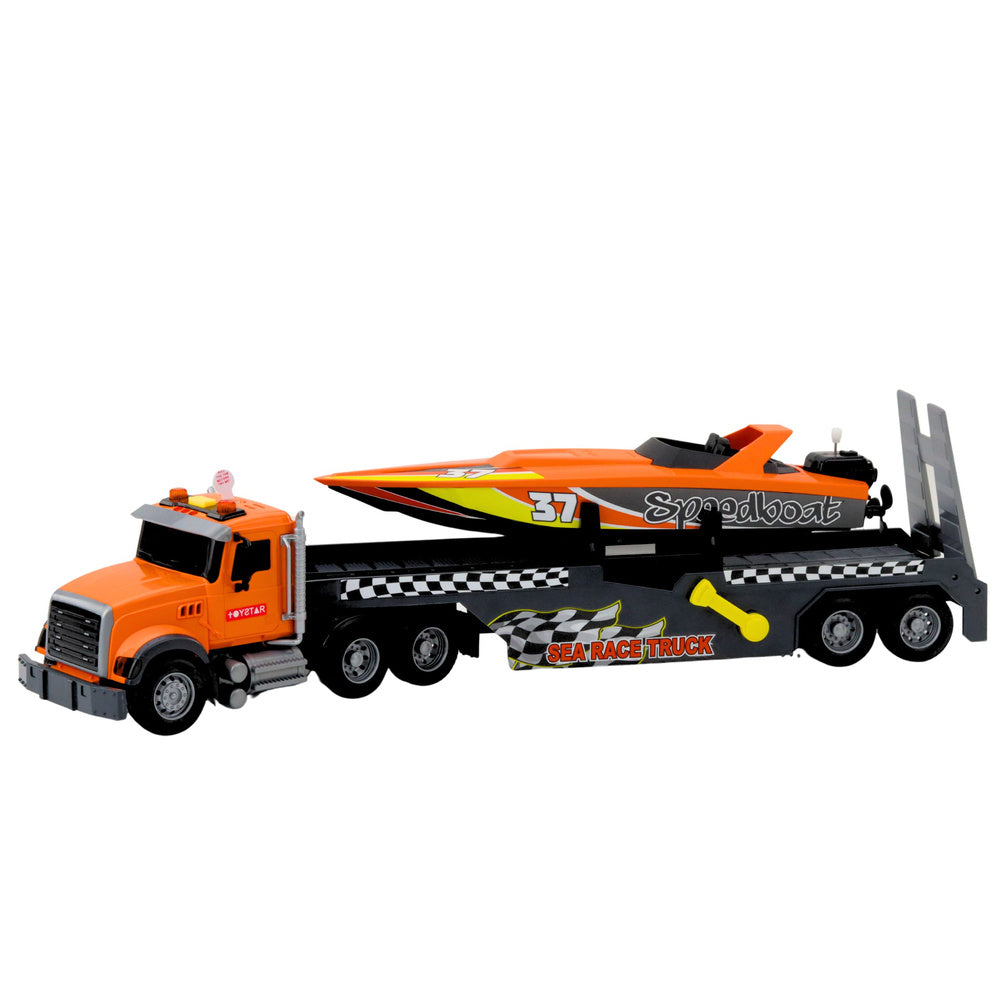 Set tir si barca de jucarie cu efecte sonore si luminoase, 53 x 14.5 x 10 cm, Lean 21473