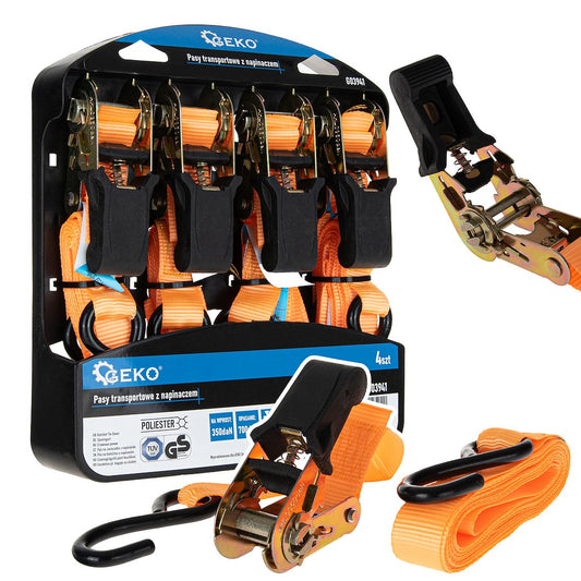 Set 4 curele de transport cu intinzator, 4.5 m x 25 mm, capacitate maxima 700 kg, Geko G03941