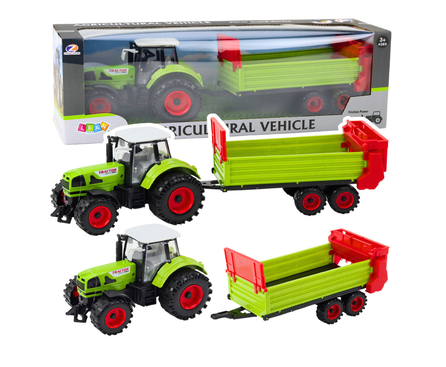 Tractor de jucarie cu remorca, actionare prin frecare, 48 cm, verde, Lean 24993