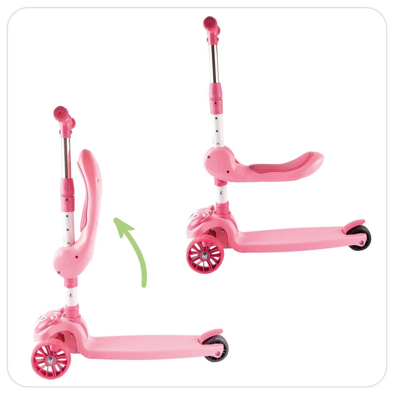 Trotineta pliabila cu 3 roti iluminate LED pisicuta 2 in 1, roz, MalPlay 112313
