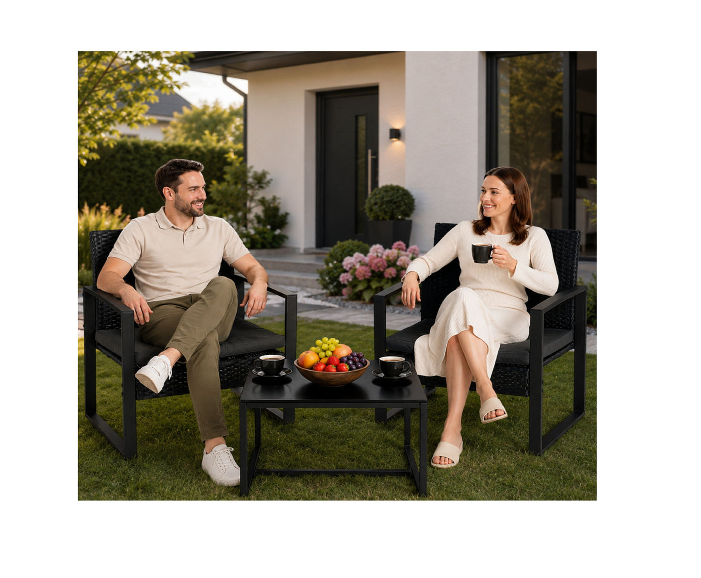 Set mobilier de gradina din ratan cu masuta de cafea, 2 scaune, negru, Lean 29244