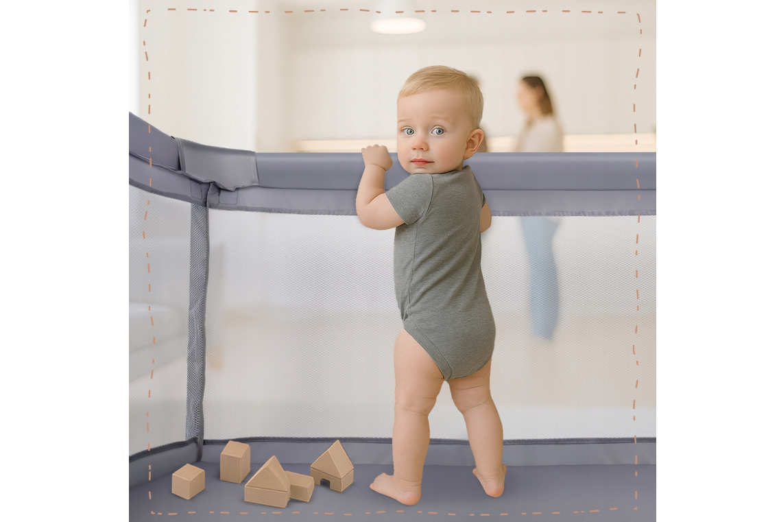 Tarc de joaca pentru copii cu buzunar din plasa Kivo, 120 x 120 cm, gri, MalPlay 113160