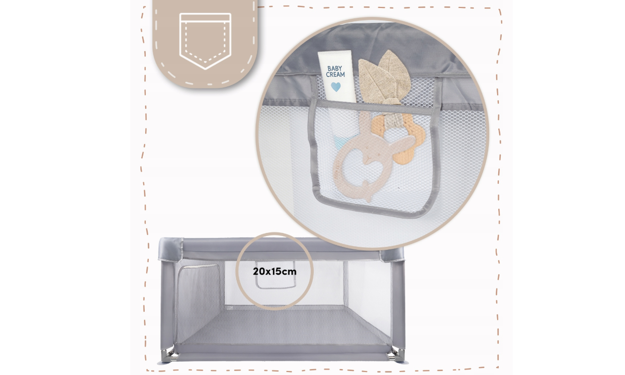 Tarc de joaca pentru copii cu buzunar din plasa Kivo, 120 x 120 cm, gri, MalPlay 113160