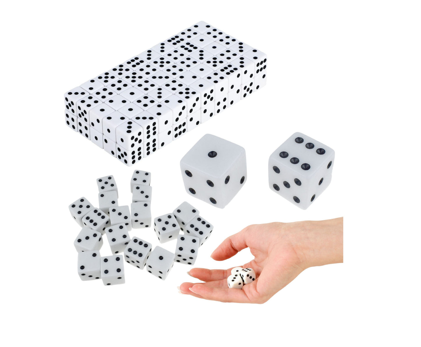Set 100 de zaruri clasice, alb cu puncte negre, 1.5 x 1.5 cm, Lean 22460