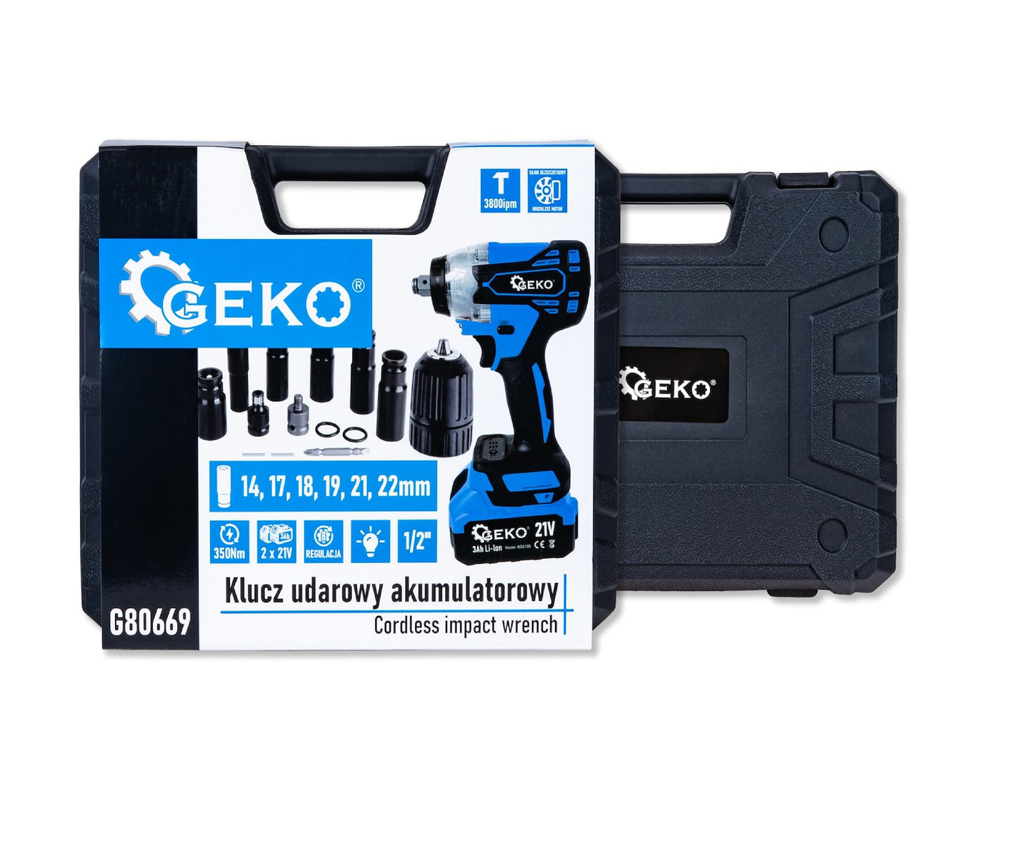 Cheie electrica de impact cu acumulator, 350 Nm, 2x3.0Ah 21V, Set XXL, Geko G80669
