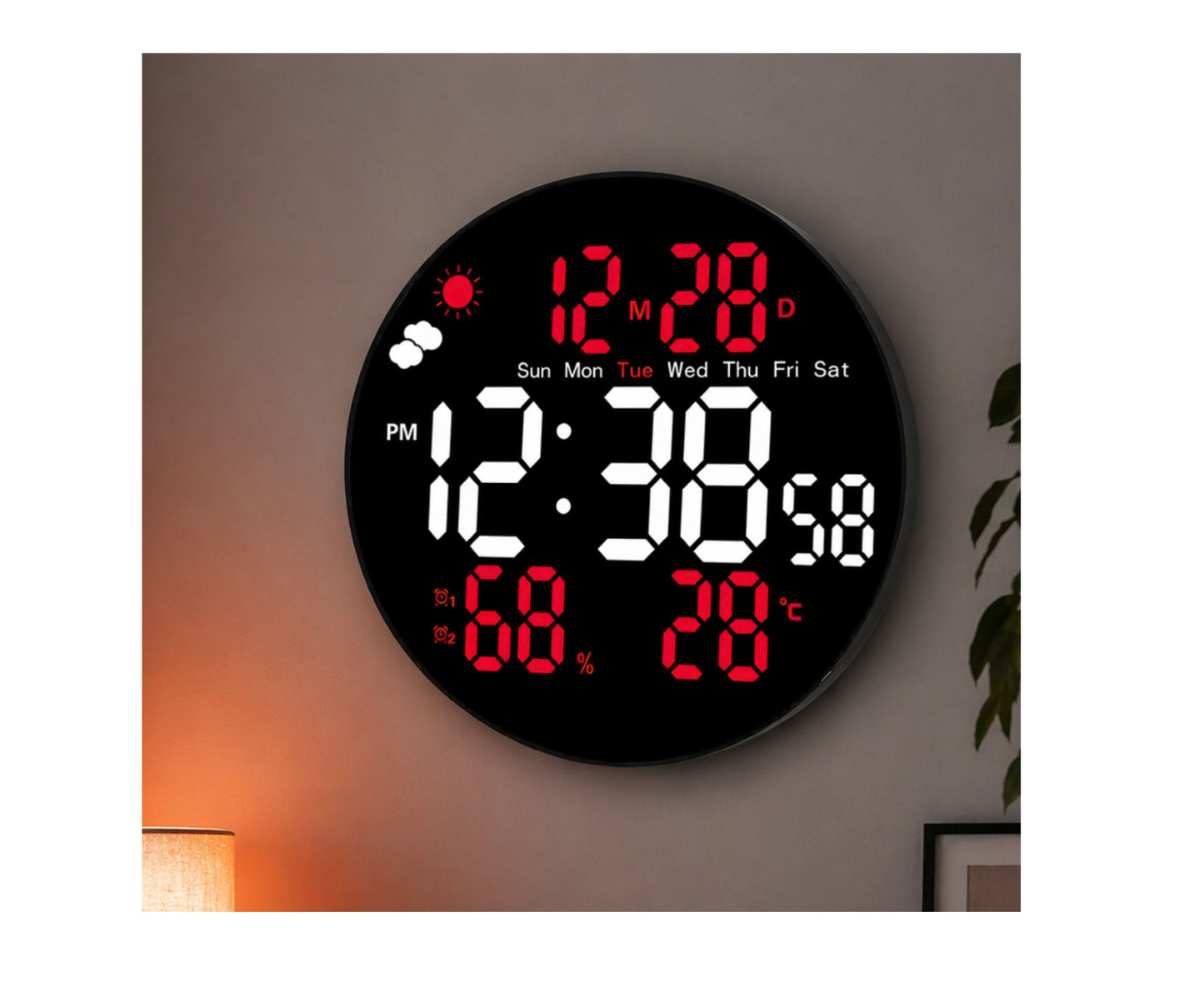 Ceas de perete digital LED cu data, temperatura, umiditate, alarma, telecomanda, 25 cm, Lean 31096