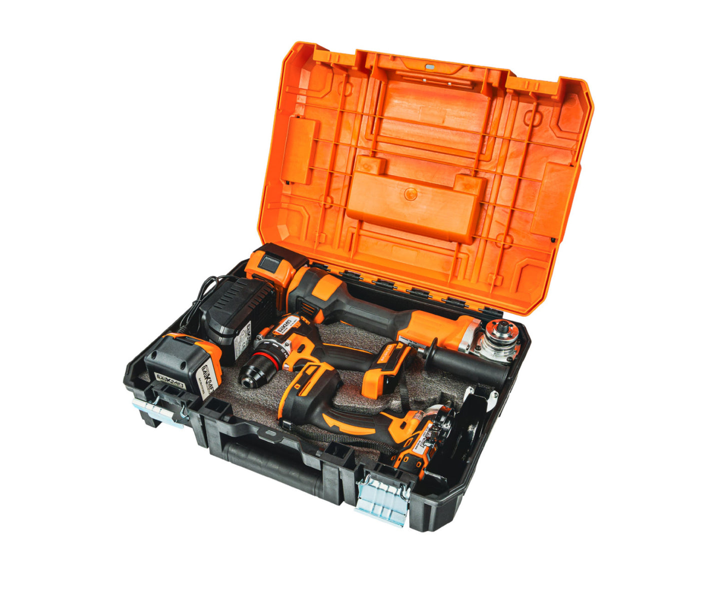 Set polizor, cheie, masina de gaurit cu acumulator BK-3-1, 18V 2x4Ah, Baukraft 030614