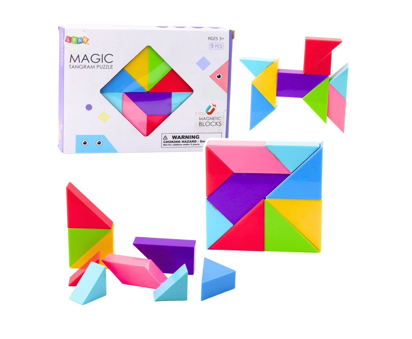Set blocuri magnetice Tangram, 9 piese, multicolor, 22x17,5x4,5cm, Lean 23552