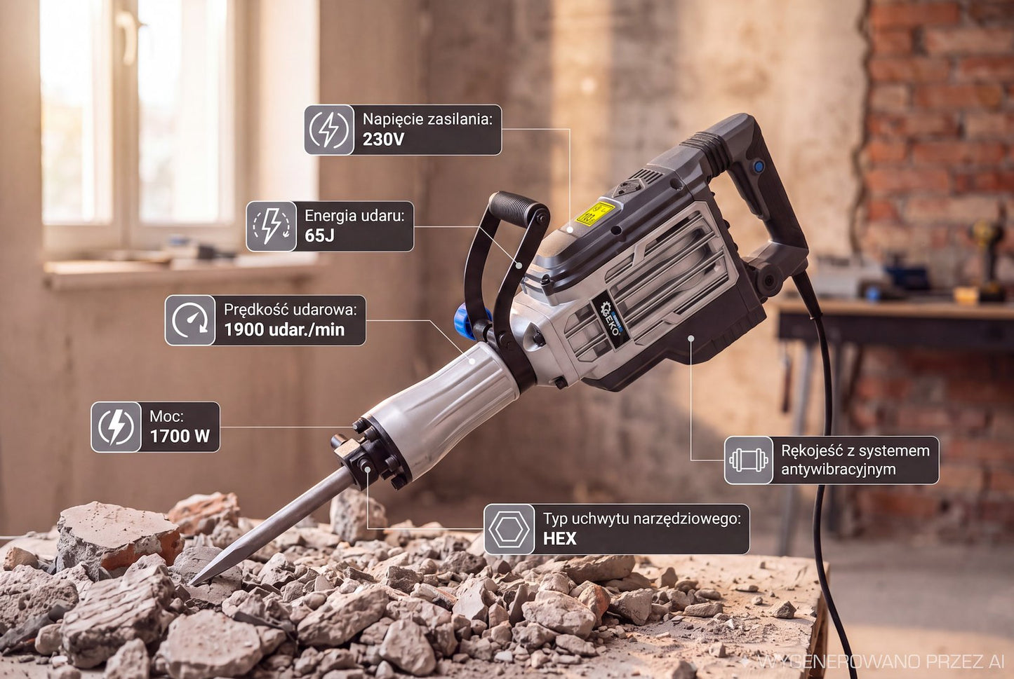Ciocan demolator cu accesorii, 1700 W, 65 J, Geko G80851