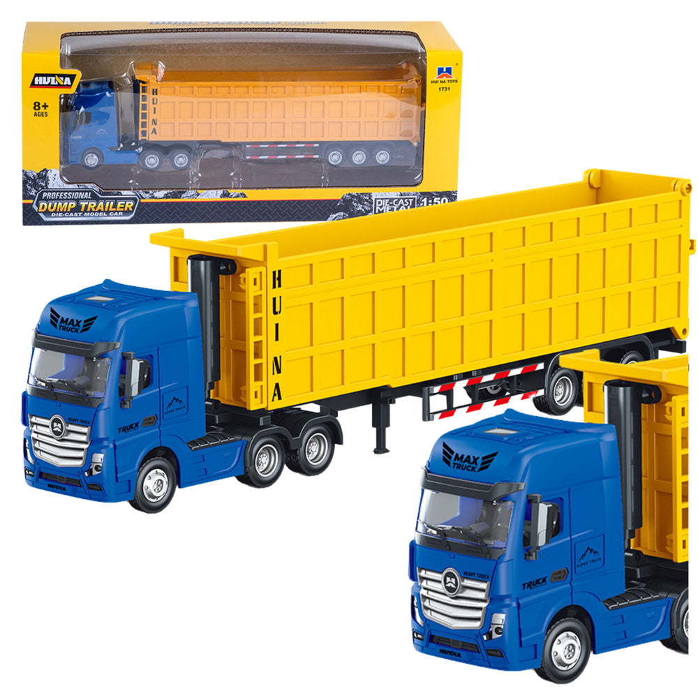 Camion metalic cu remorca 1:50, galben / albastru, 29 x 8 x 5.5 cm, Lean 22769