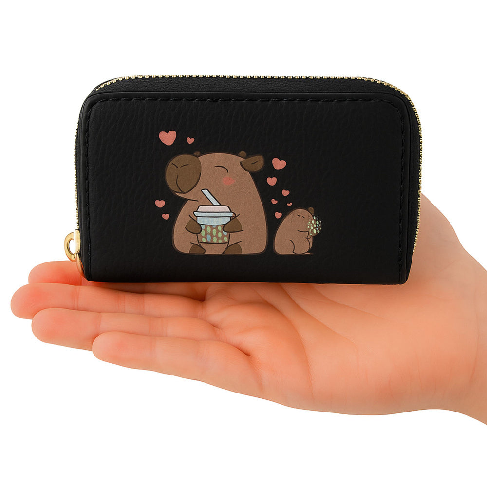 Portofel cu 2 compartimente, motiv Capybara, negru, 12.5 x 8.5 x 4.5 cm, negru, Lean 27558