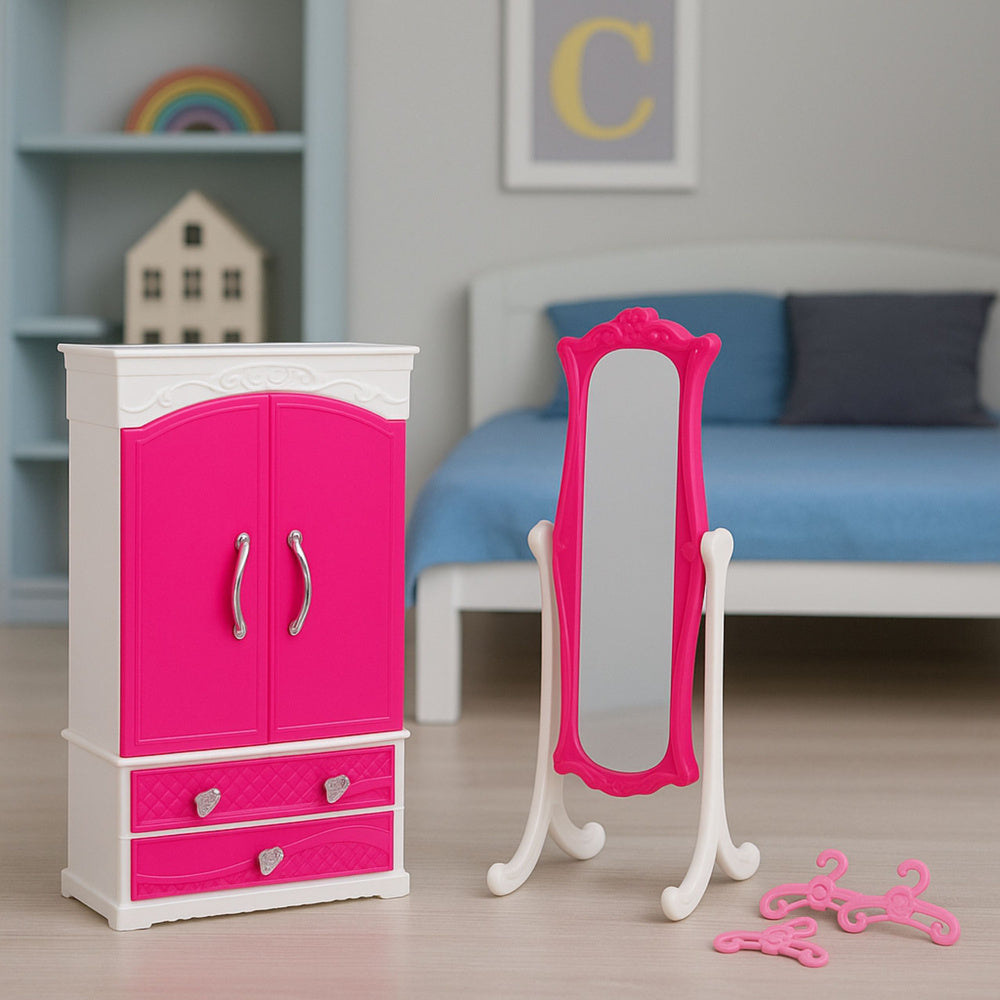 Set mobilier pentru papusi, dulap si oglinda, roz / alb, 29 cm, Lean 28109