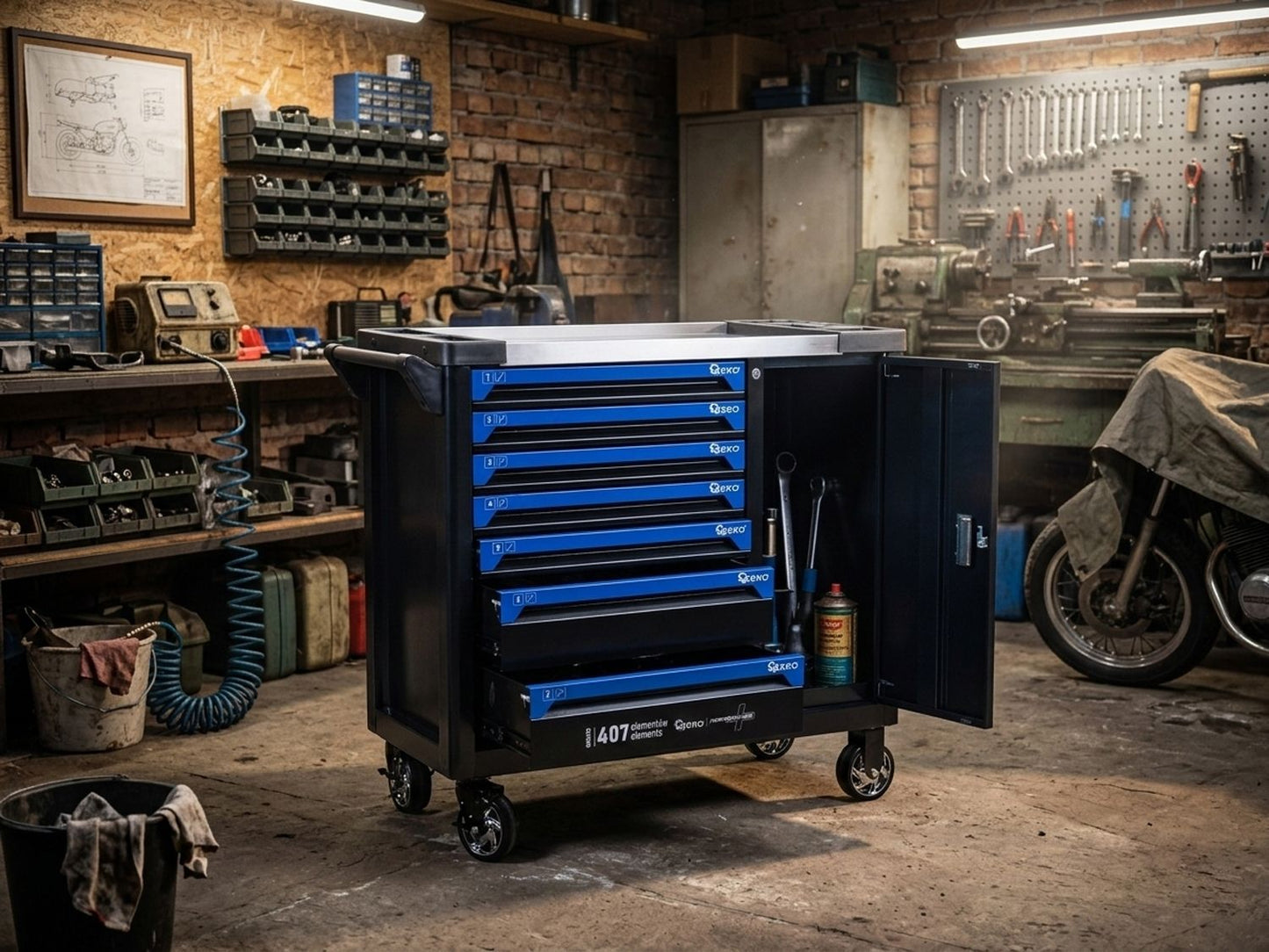 Dulap cu scule pentru atelier, 7 sertare, 407 bucati, Geko G10835