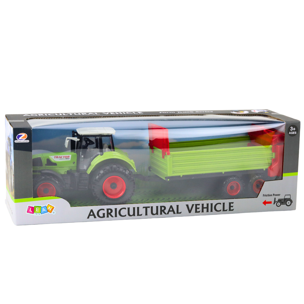 Tractor de jucarie cu remorca, actionare prin frecare, 48 cm, verde, Lean 24993