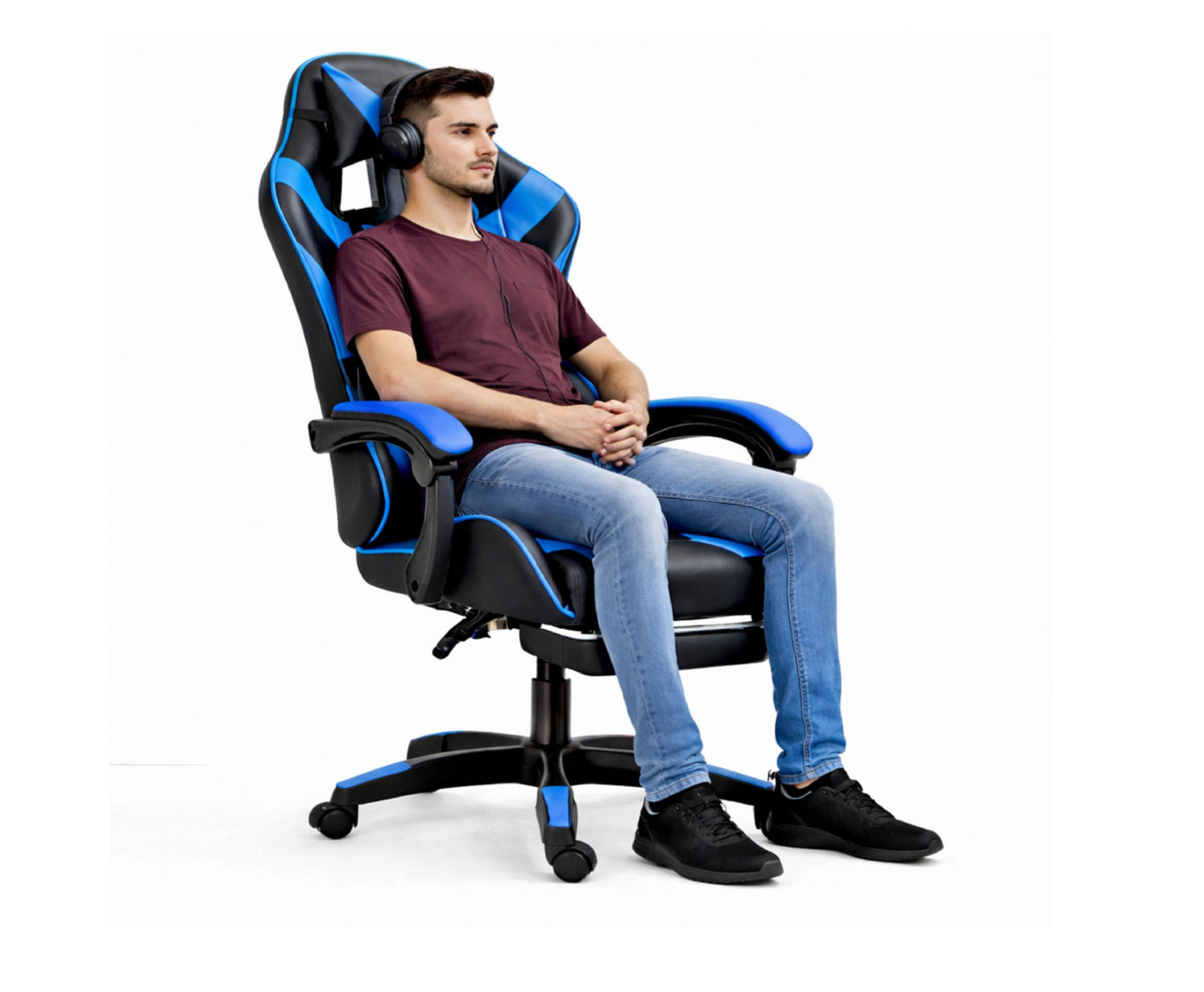 Scaun pentru gaming rotativ cu suport pentru picioare, negru / albastru, Lean 30555