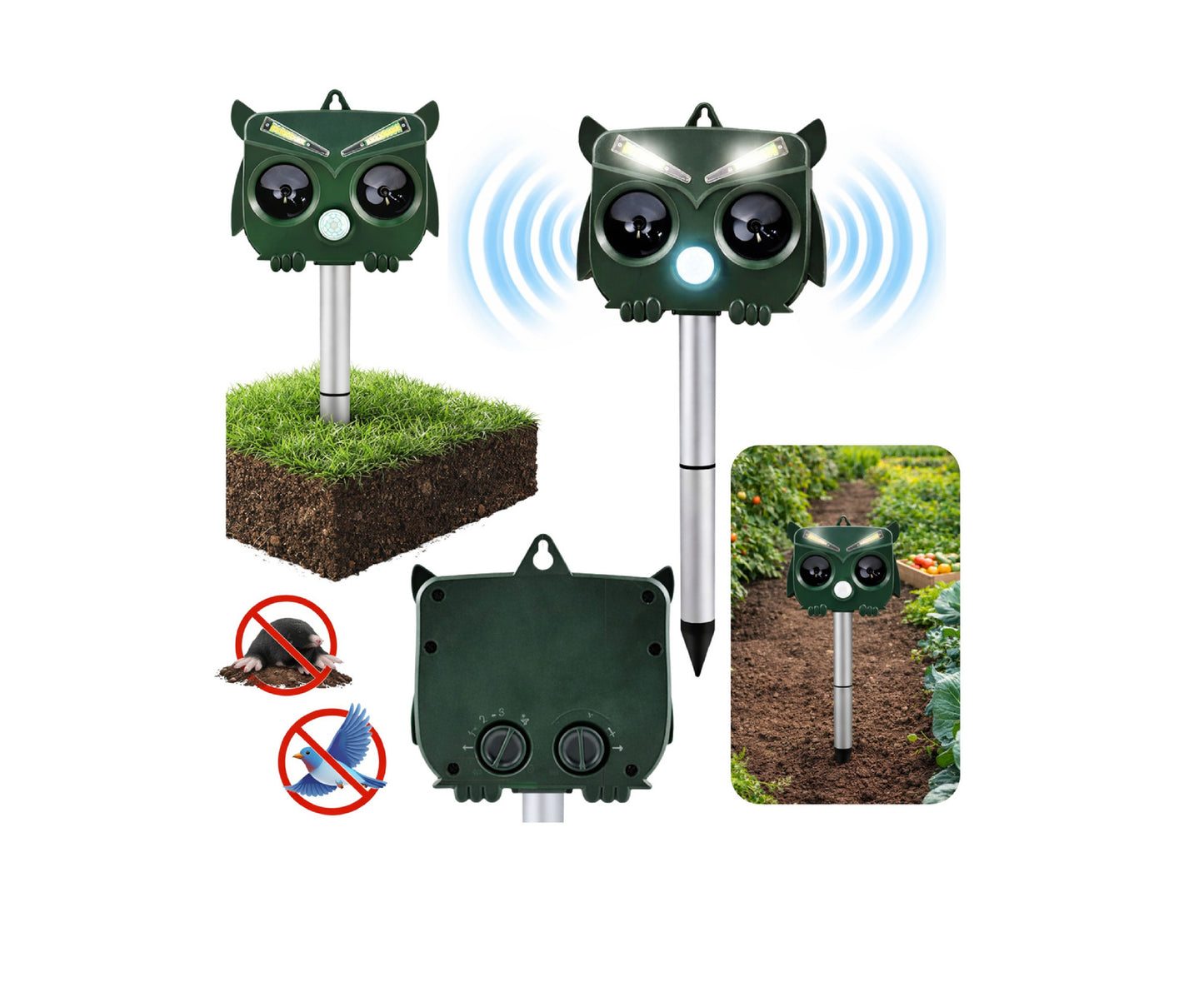 Repelent solar pentru animale cu ultrasunete, forma de bufnita, lumina LED, Lean 29270