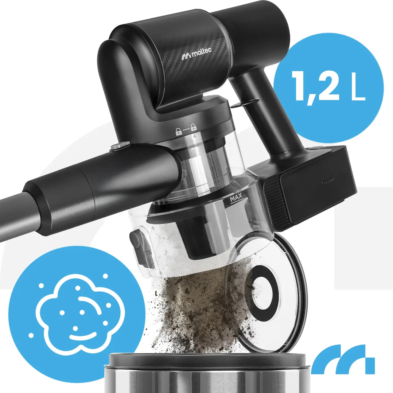 Aspirator vertical fara sac cu accesorii 3 in 1, perie electrica cu LED, 250 W, MalTec 113544