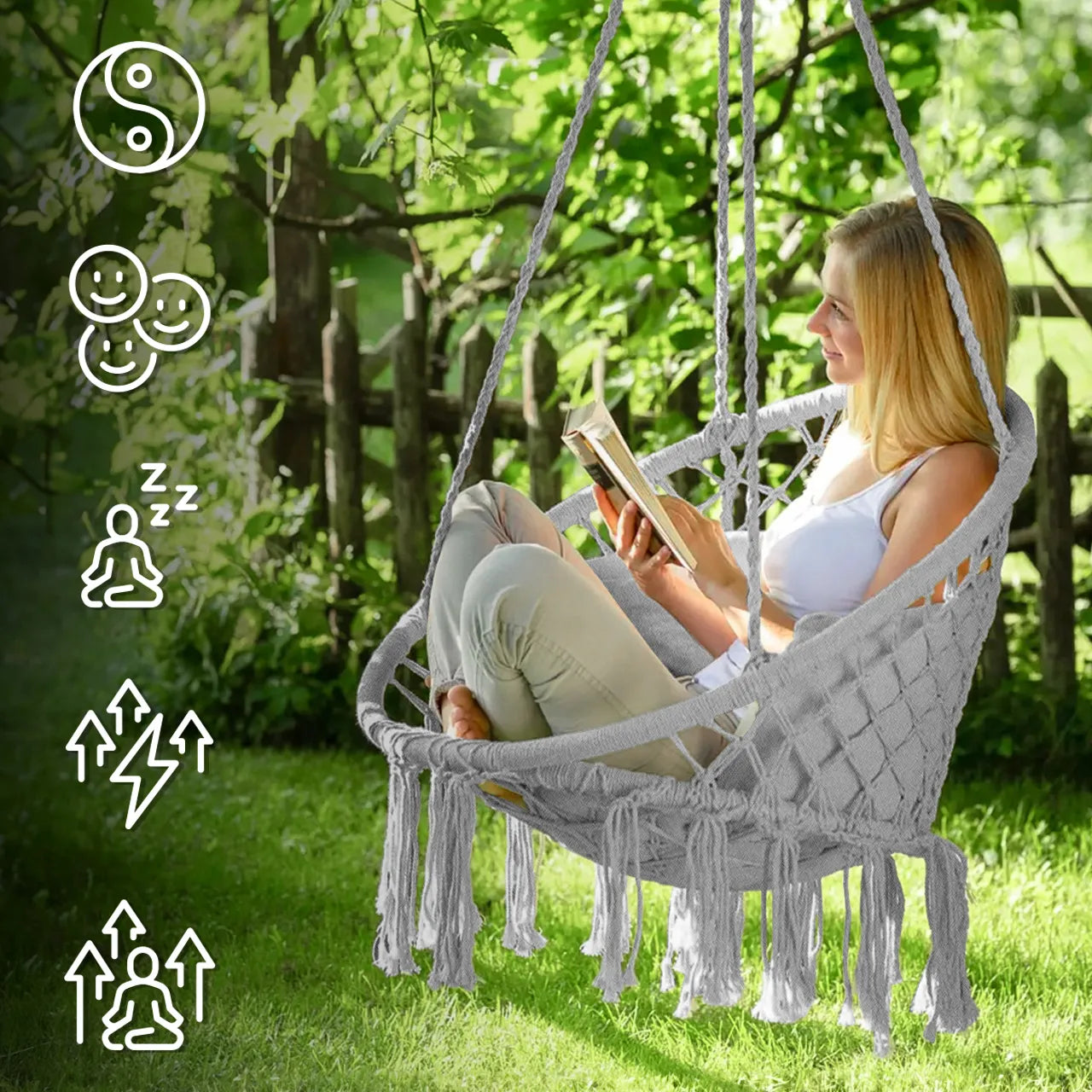 Scaun suspendat de gradina cu perne Sunwaal, 60x40x80x110x130x100 cm, cadru metalic, capacitate maxim 150 kg, gri, MalTec 112862