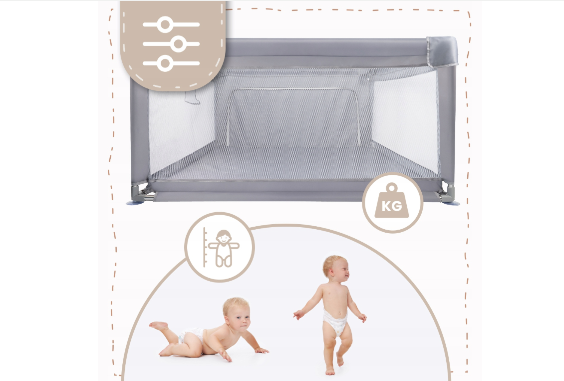 Tarc de joaca pentru copii cu buzunar din plasa Kivo, 120 x 120 cm, gri, MalPlay 113160