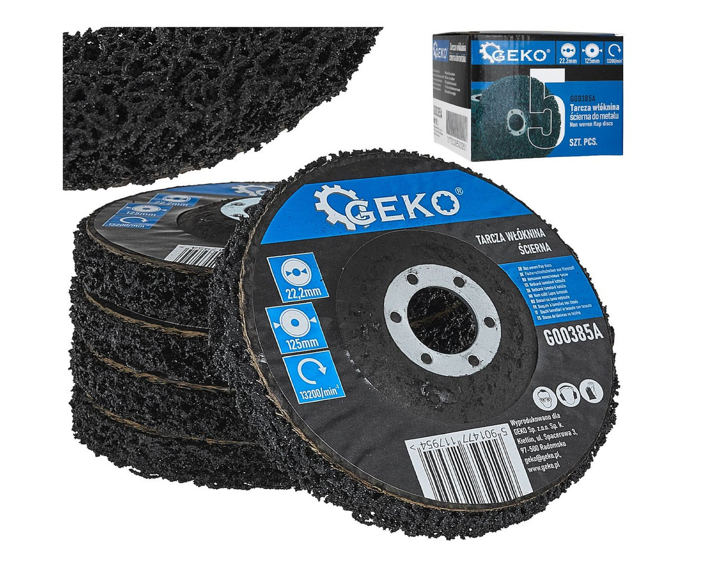 Set disc abraziv netesut pentru metal, 125 x 22.2 mm, negru, 5 bucati, Geko G00385A