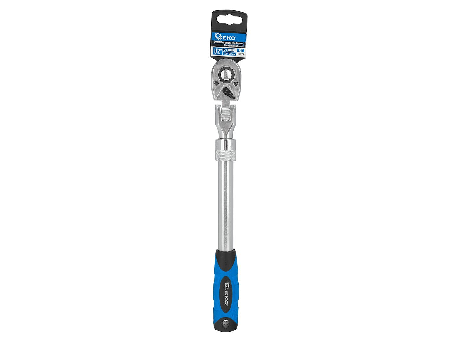 Cheie cu clichet cu cap flexibil si maner telescopic, 1 / 2", 370-510 mm, 72 T, Cr-V, Geko G10127