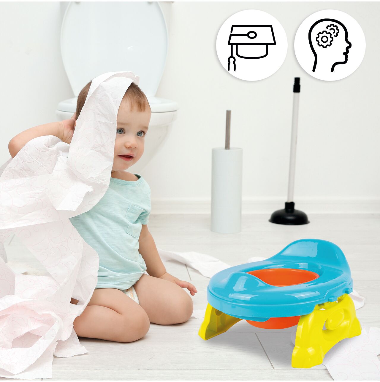Olita portabila 2 in 1 pentru copii (suport toaleta si olita), albastru / galben / portocaliu, MalPlay 111558