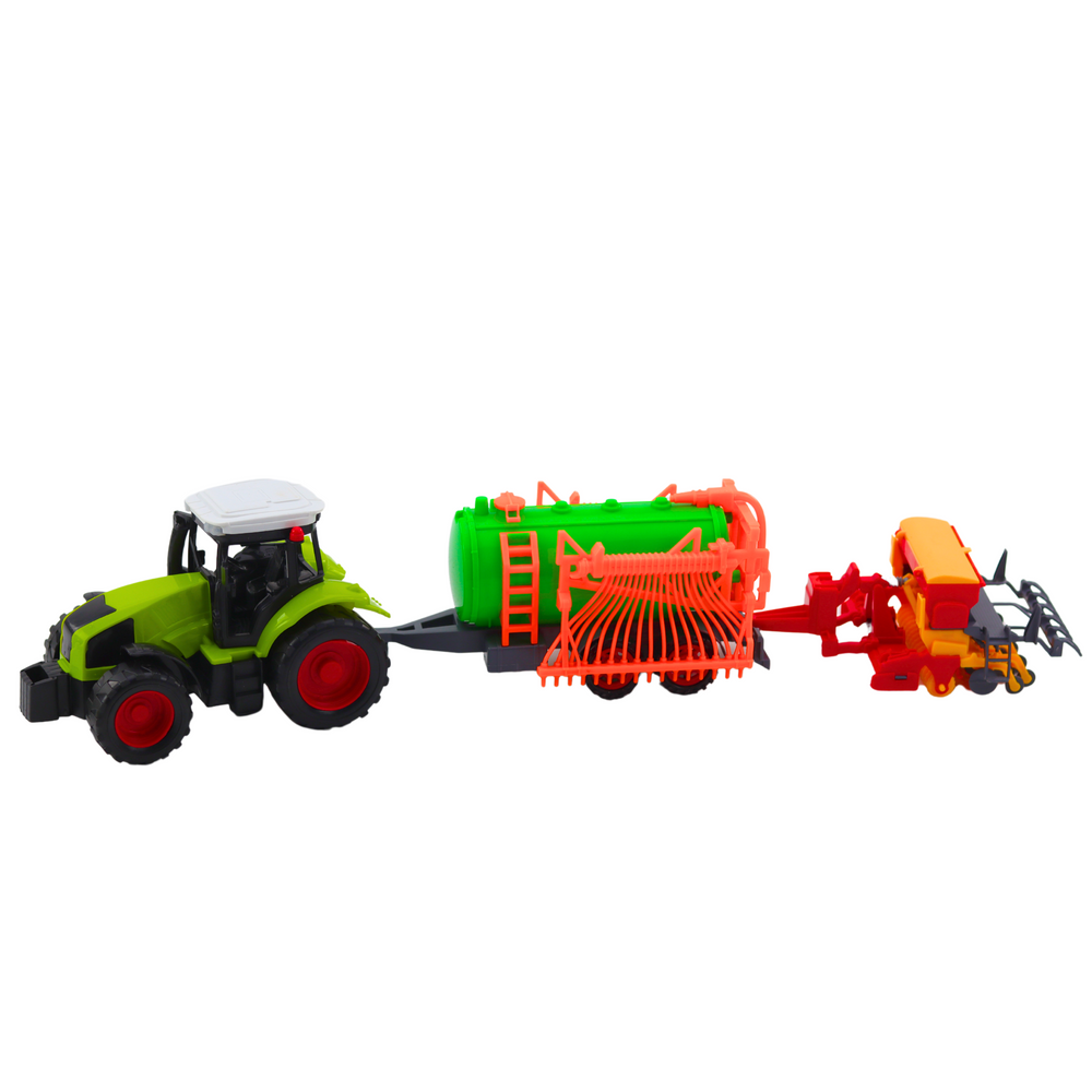 Set tractor agricol cu cisterna si grebla, 52 x 11 x 9 cm, verde / rosu, Lean 24792