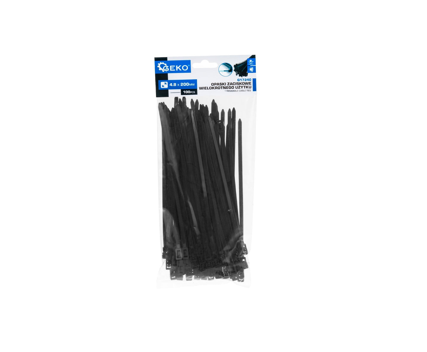 Set legaturi nylon reutilizabile, negru, 4,8x200mm, 100 bucati, Geko G17240