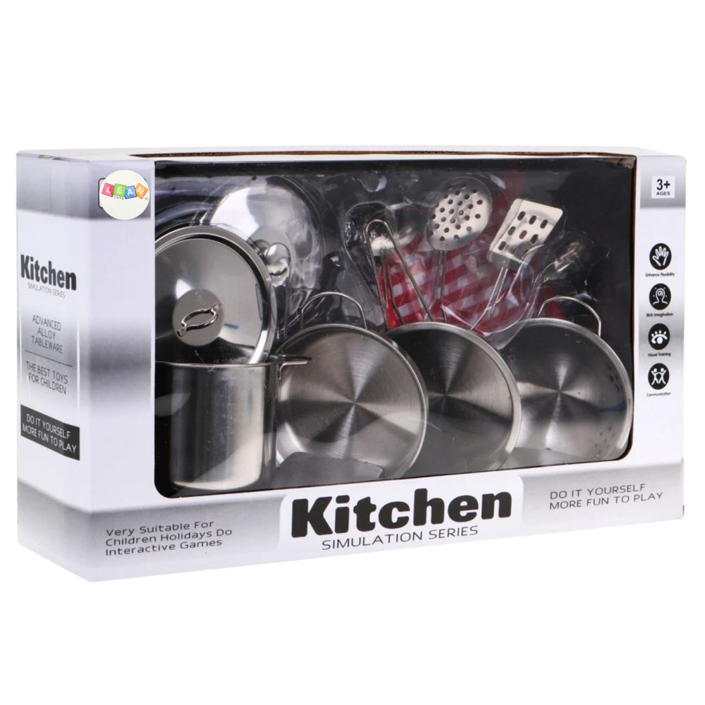 Set de bucatarie pentru copii, accesorii metalice, argintiu, 38 x 22 x 12 cm, Lean 15621