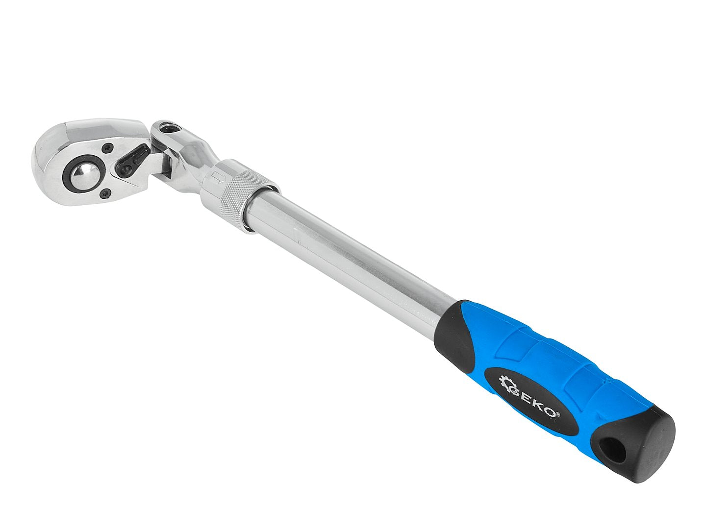Cheie cu clichet cu cap flexibil si maner telescopic, 1 / 2", 370-510 mm, 72 T, Cr-V, Geko G10127