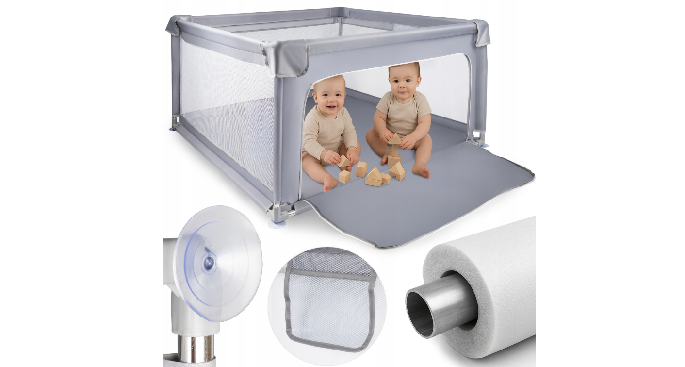 Tarc de joaca pentru copii cu buzunar din plasa Kivo, 120 x 120 cm, gri, MalPlay 113160