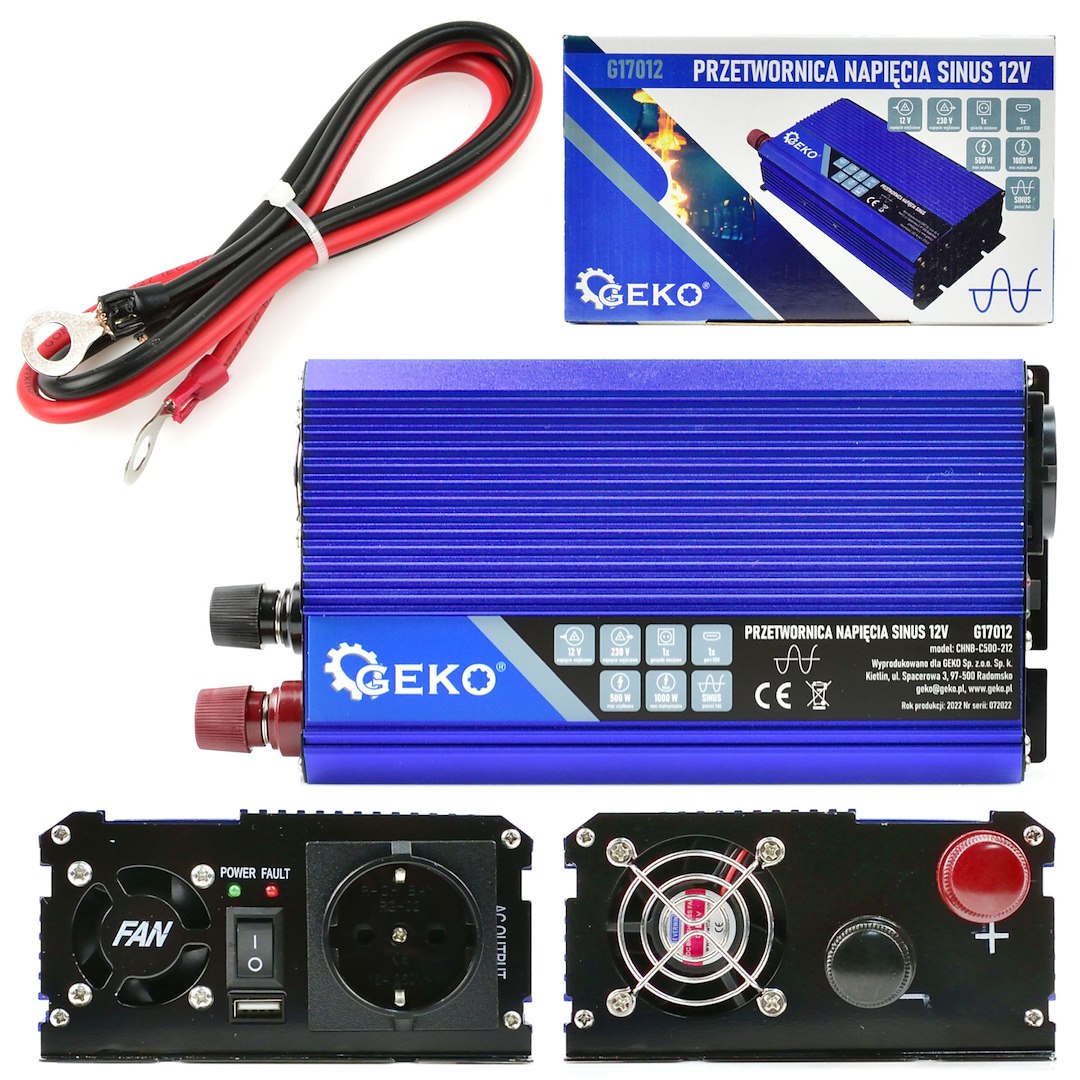 Convertor de tensiune sinus, 12 V / 230 V, 500 / 1000 W, Geko G17012