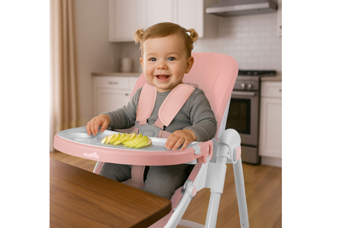 Scaun cu inaltime reglabila pliabil pentru bebelusi cu tava reglabila si roti Deli, 49 x 41 x 31 cm, MalPlay 113586