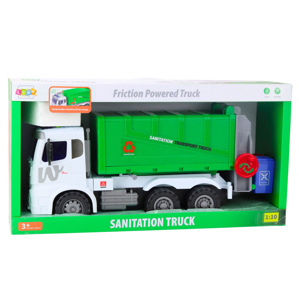 Camion de gunoi cu functie de ridicare, 2 lumini pentru pubele, efecte sonore, verde, Lean 23121