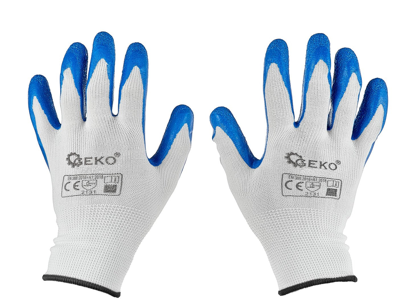Manusi de protectie din poliester si acoperite cu latex, marimea 10, alb / albastru, Geko G75049