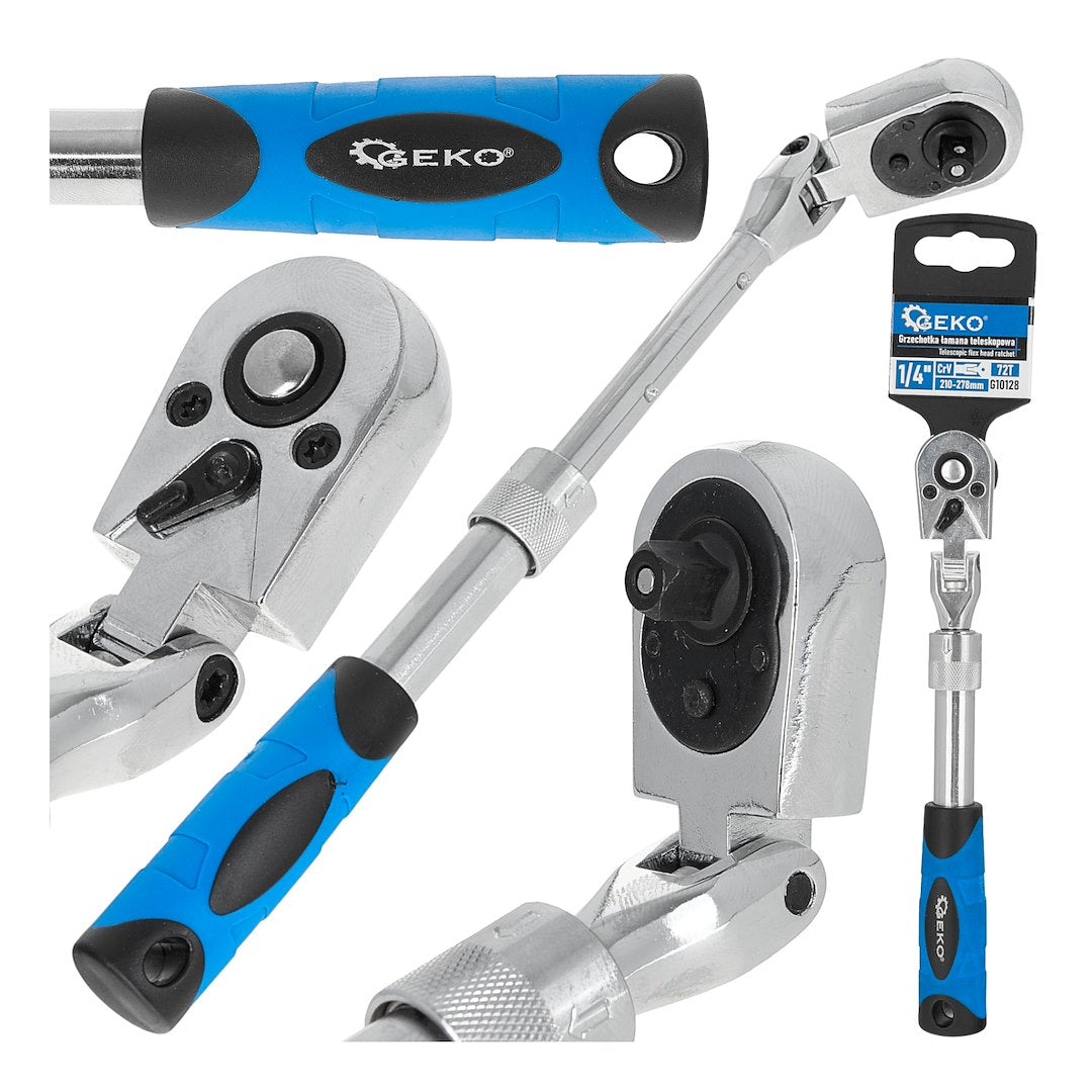 Cheie cu clichet cu cap flexibil si maner telescopic, 1 / 4", 210-278 mm, 72 T, Cr-V, Geko G10128
