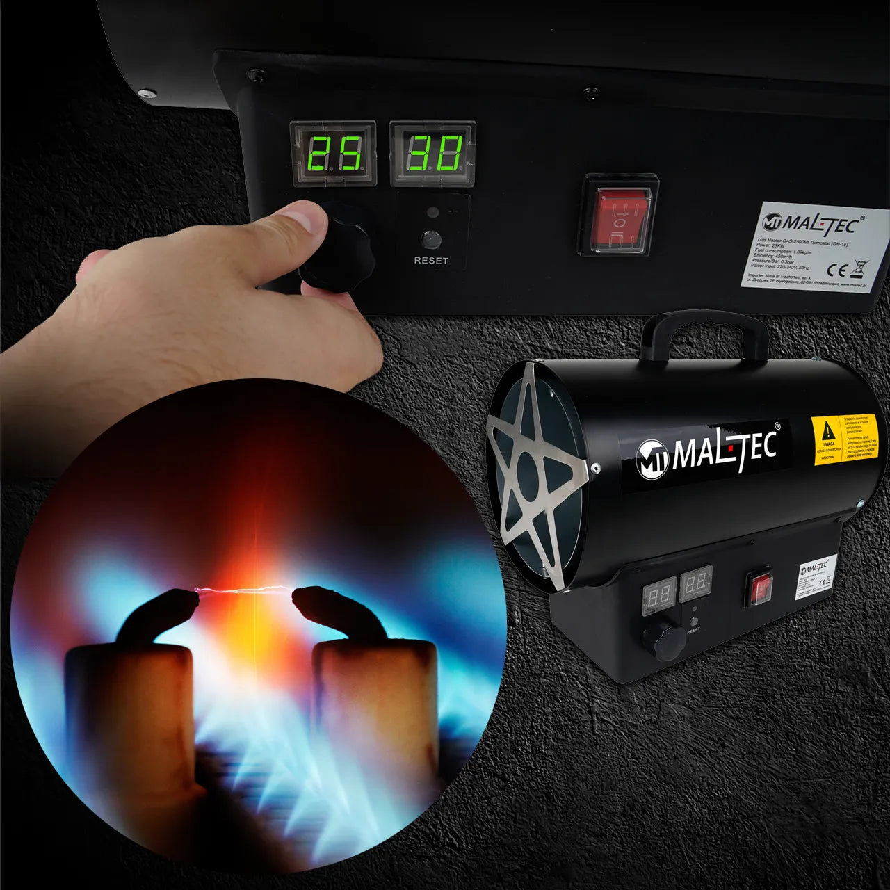 Tun de caldura pe gaz cu ventilator si termostat GAS-2500Mt, 25 kW, MalTec 113479