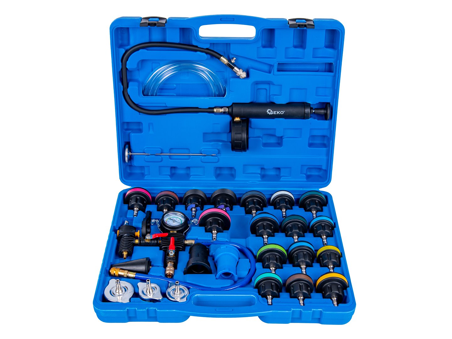 Kit tester profesional pentru radiatoare si sisteme de racire, 28 piese, Geko G02678