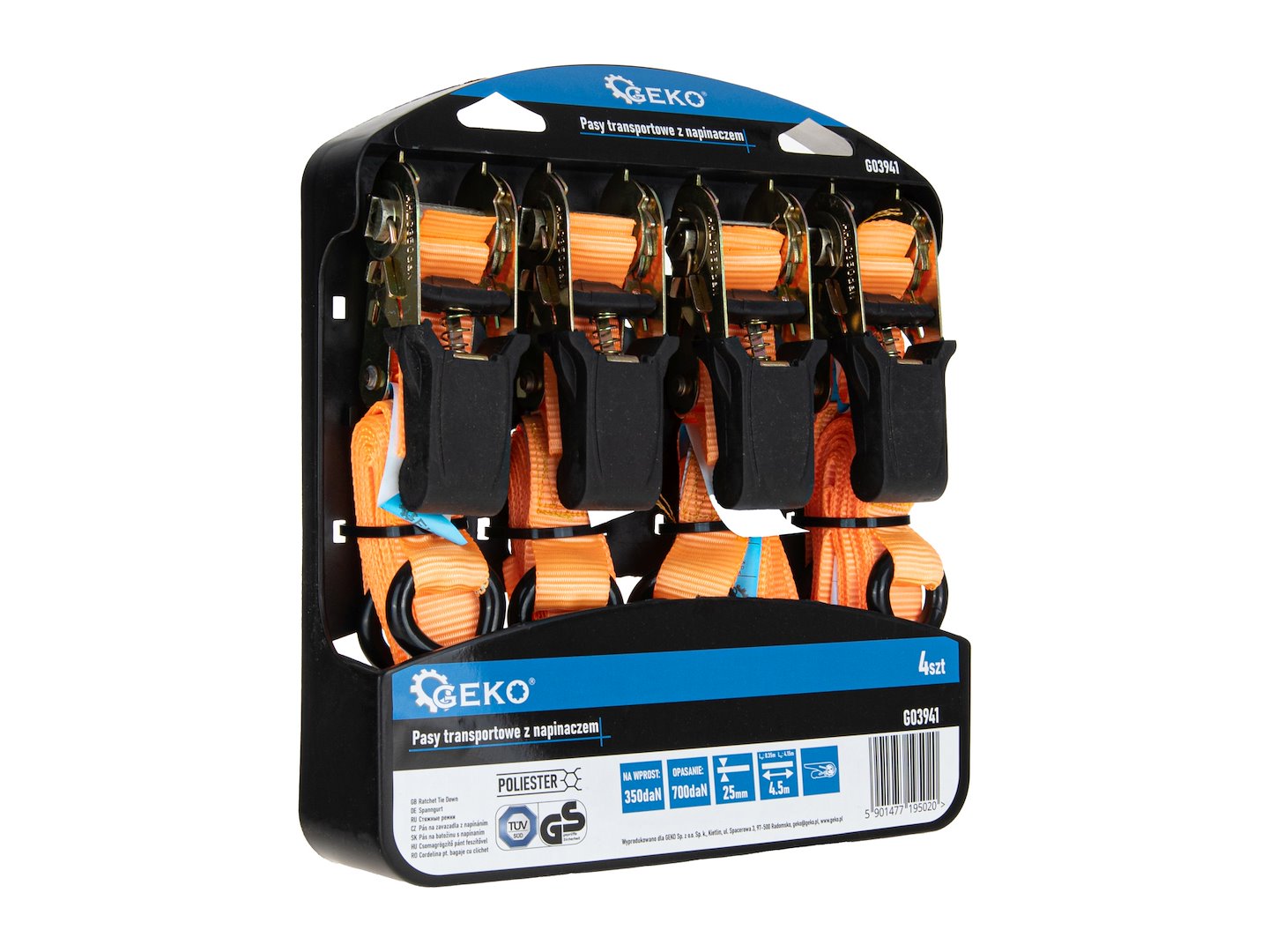 Set 4 curele de transport cu intinzator, 4.5 m x 25 mm, capacitate maxima 700 kg, Geko G03941