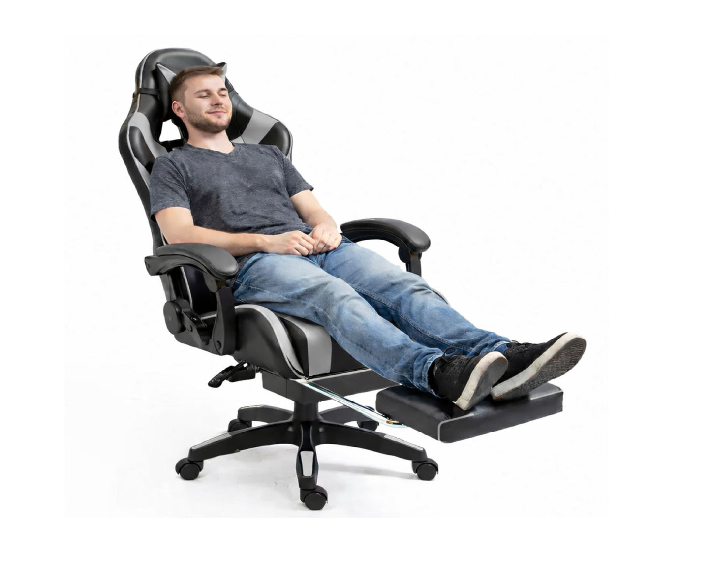 Scaun pentru gaming rotativ cu suport pentru picioare, negru / gri, Lean 30556