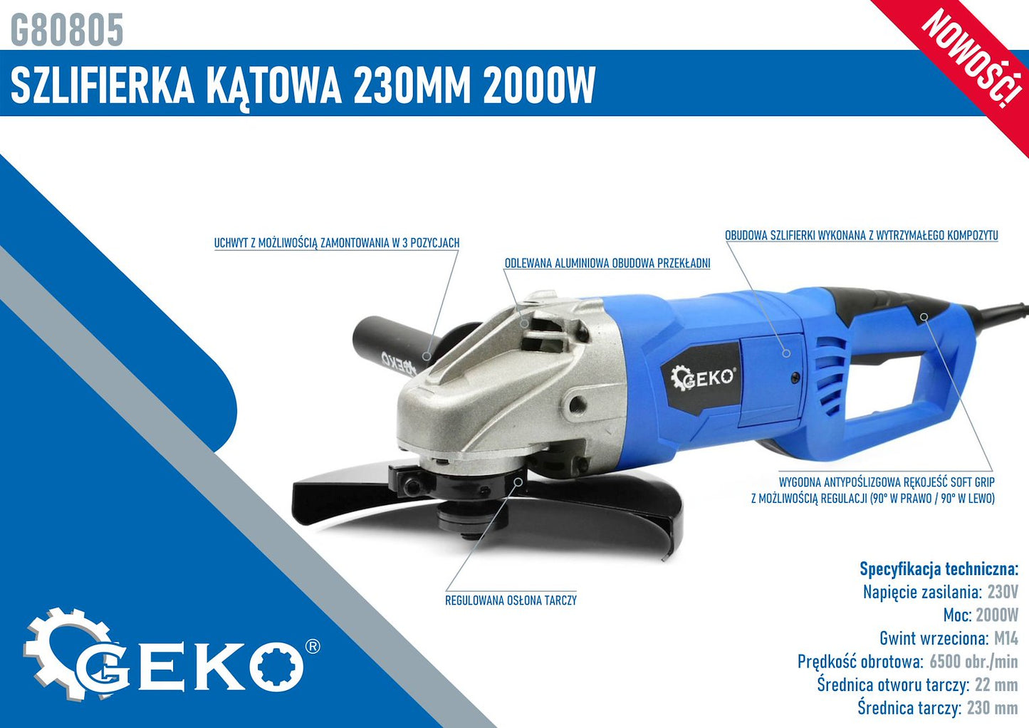 Polizor unghiular, 2000 W, 230 mm, Geko G80805