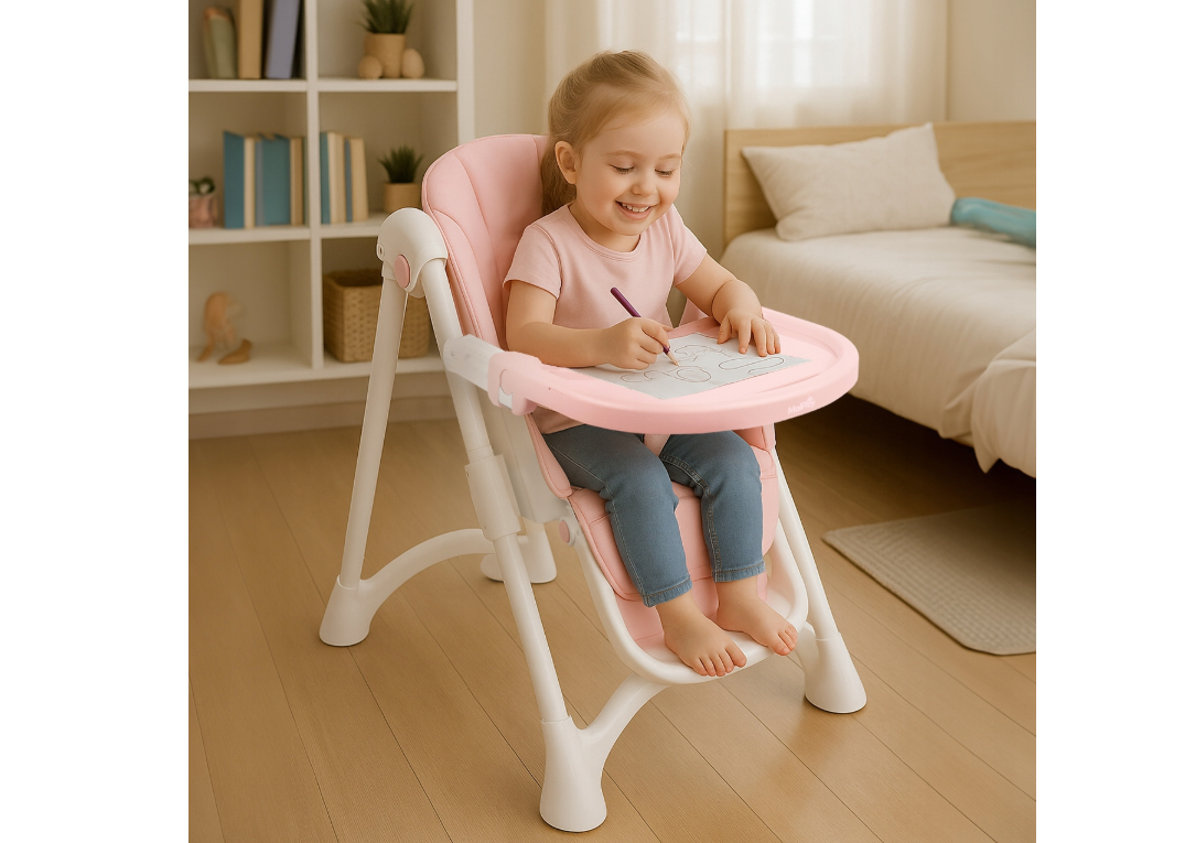 Scaun cu inaltime reglabila pliabil pentru bebelusi cu tava reglabila si roti Deli, 49 x 41 x 31 cm, MalPlay 113586