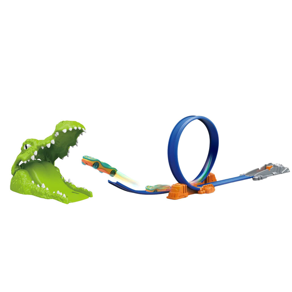 Pista de masinute cu catapulta si crocodil, 35 x 25 x 10 cm, verde, Lean 23200