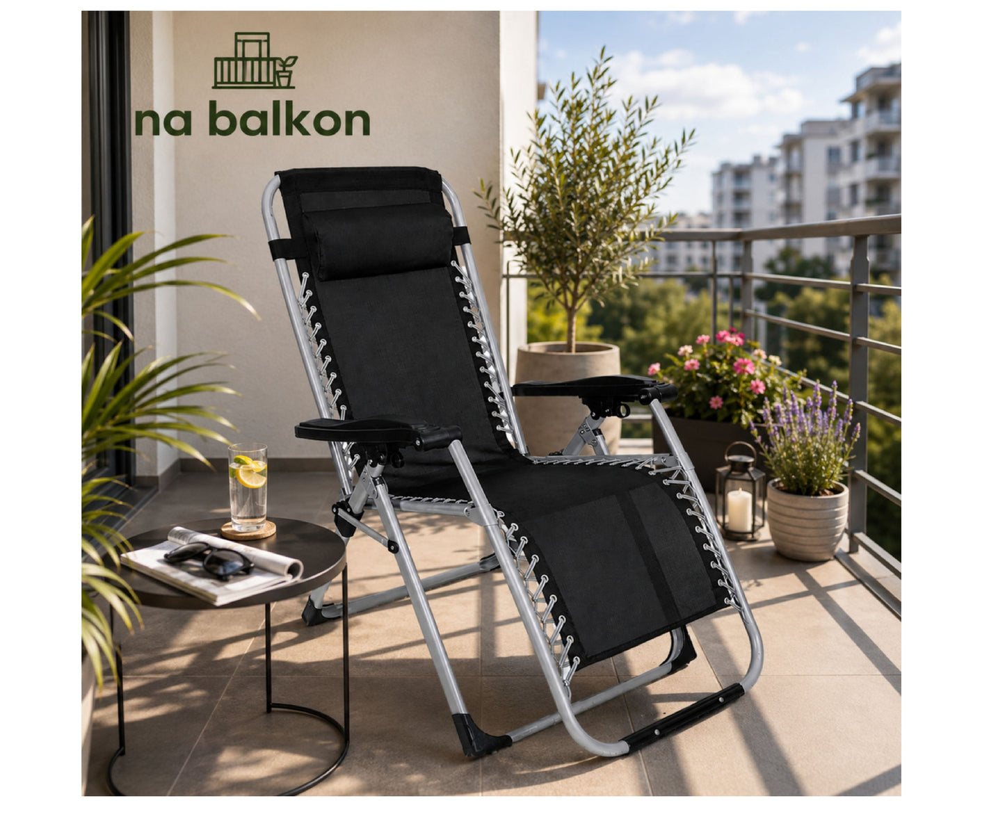 Sezlong de gradina cu tetiera, negru, 177 cm, Lean 29245