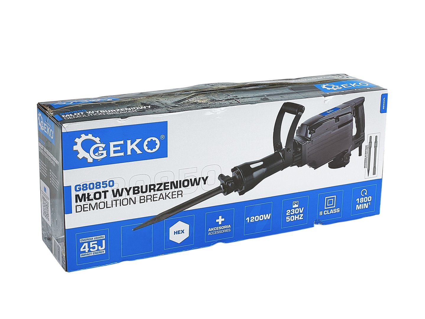 Ciocan demolator profesional, 1200W, forta de impact 45J, prindere HEX 30 mm, cu dalta, spit si valiza de transport, Geko G80850