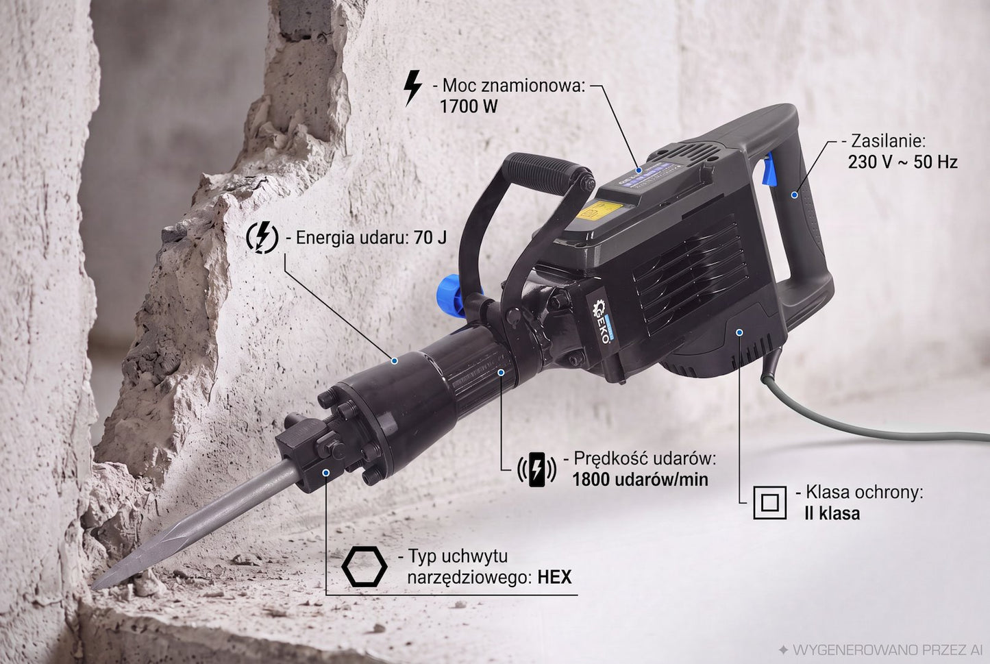 Ciocan demolator profesional,1700W, forta de impact 70J, prindere HEX 30 mm, cu dalta, spit si valiza de transport, Geko G80852