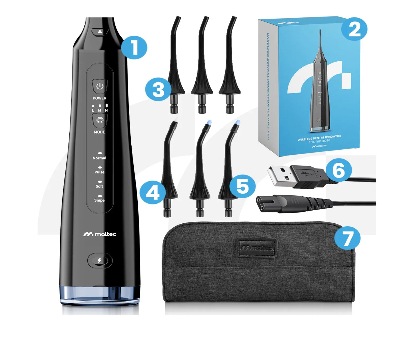 Irigator dentar Toothie X60 cu 6 duze interschimbabile, 4 moduri de functionare, 150 PSI, MalTec 113313